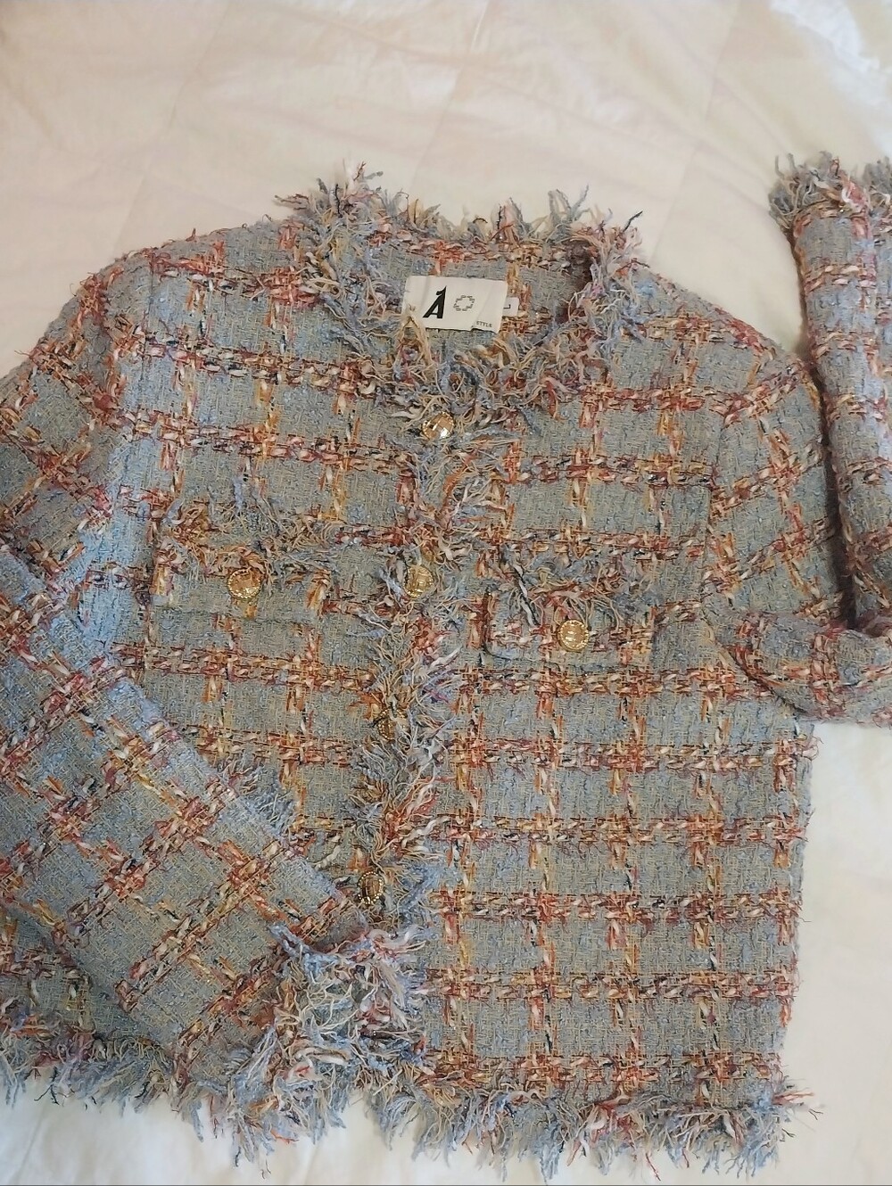 Cashmere Blend Light Blue Tweed Fringe Jacket - Brand Unspecified